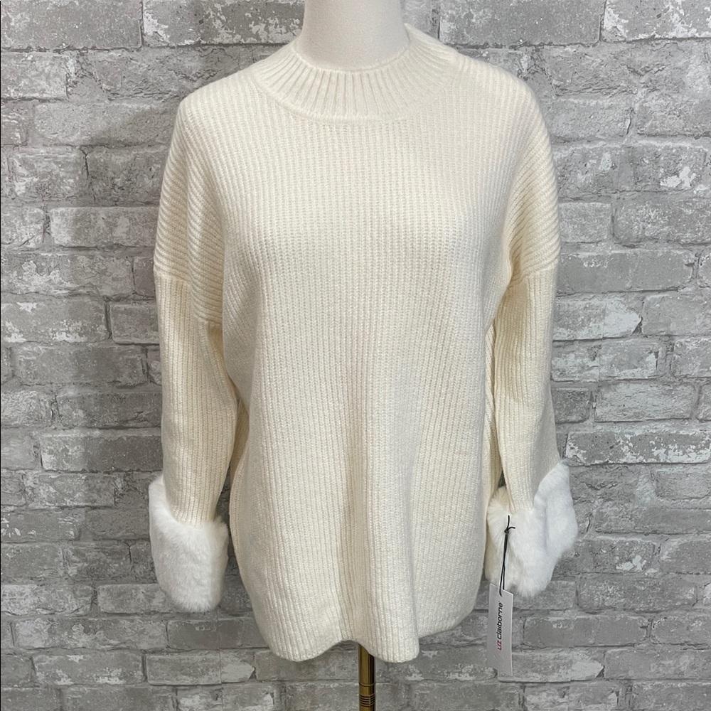 Liz Claiborne Cream Crew Neck Sweater with Faux Fur sleeve cuffs